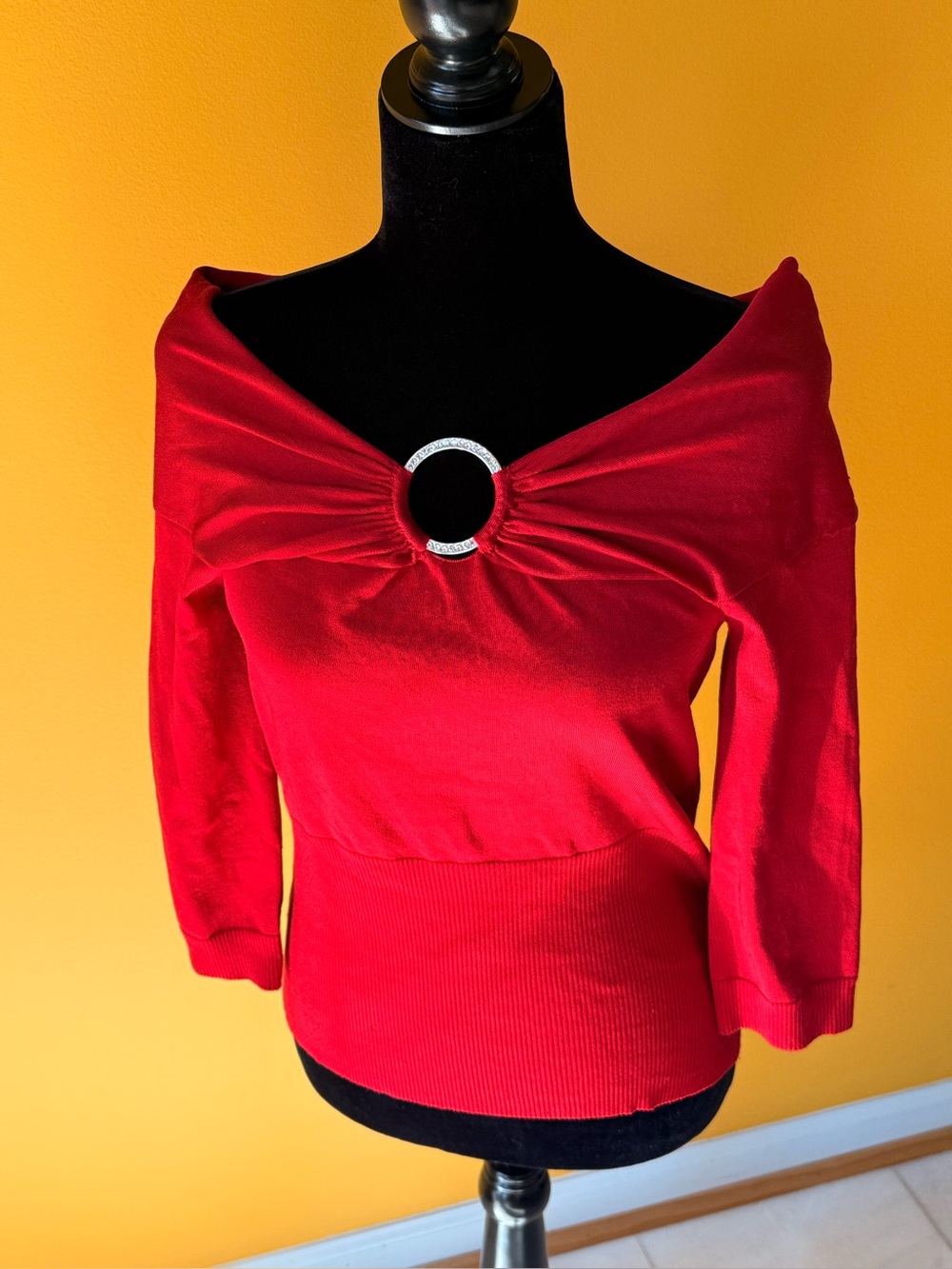Cache Red Off-Shoulder rhinestone  Ring Accent Top